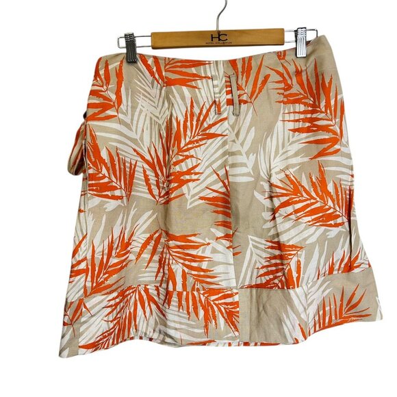 Sandro Linen Blend Tropical Print Mini Skirt Tan Orange Sz 10 Belt Pleated Light - Picture 2 of 5